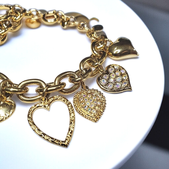 KIRKS FOLLY Vintage Gold Plated Heart Charm Crystal Bracelet - Picture 2 of 4